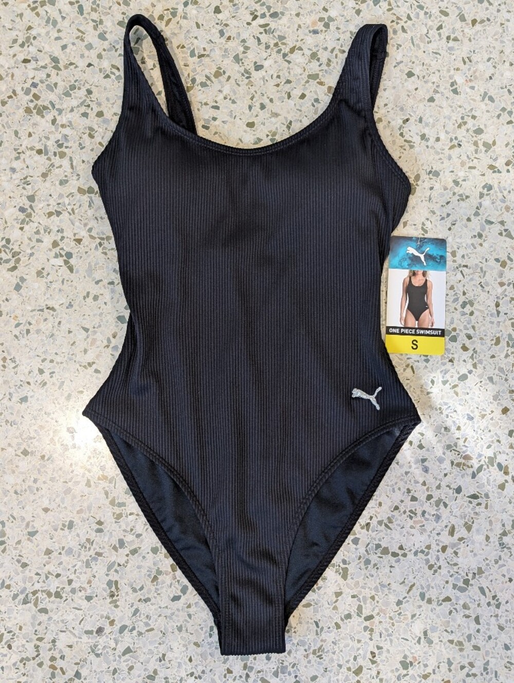 NWT Puma Black Ribbed Scoop-Back One-Piece Swimsuit